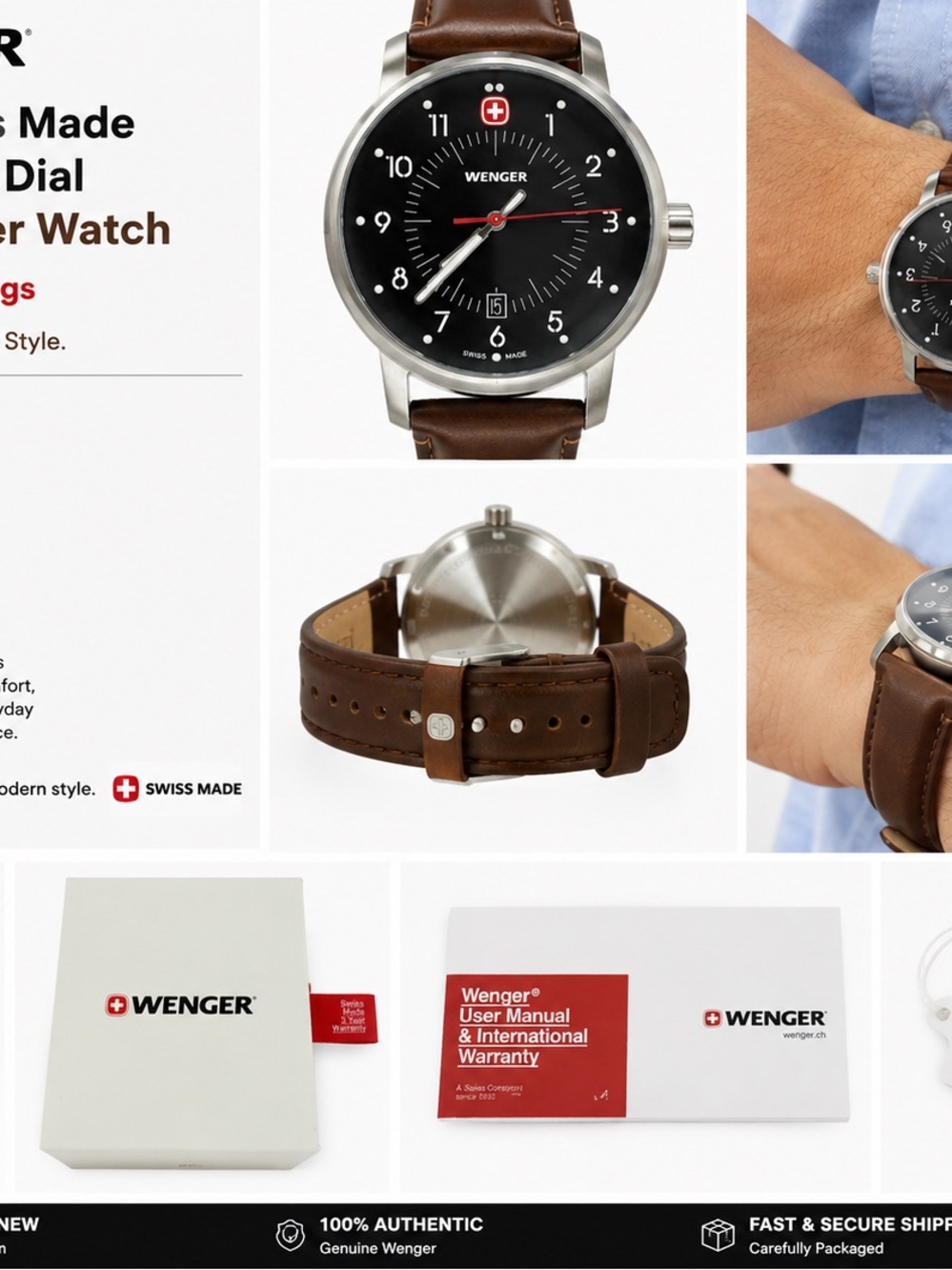 Wenger Brown Leather Strap Men's Watch - Black Dial
